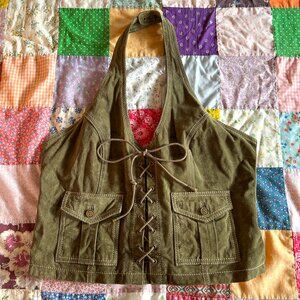 Vintage Y2K Wilson's Leather Green Suede Corset Lace Up Halter Tank Top XL